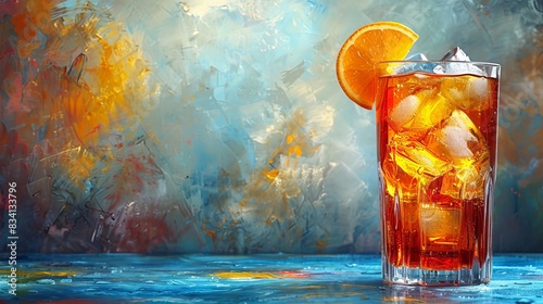 The tasty aperol spritz is shown on a blue background in a restaurant