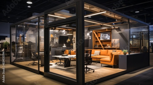 A dynamic office with movable walls, flexible seating, and a collaborative environment -- 
