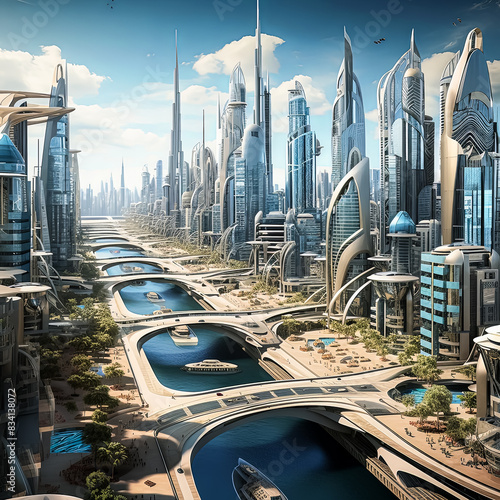A futuristic cityscape with tall buildings and a river running through it