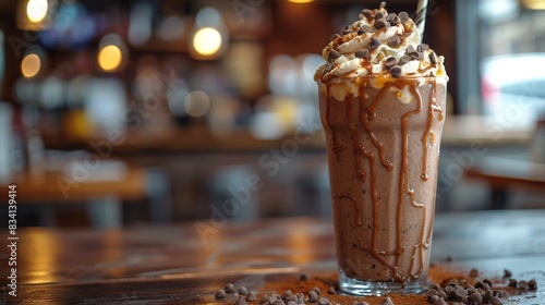 On the restaurant table, you'll find a chocolate protein shake, and a tasty drink