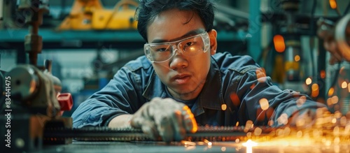 Asian worker operating computerized steel in factory