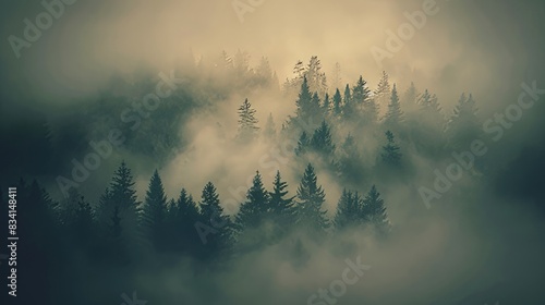 Realistic misty landscape with fir forest, generative AI.