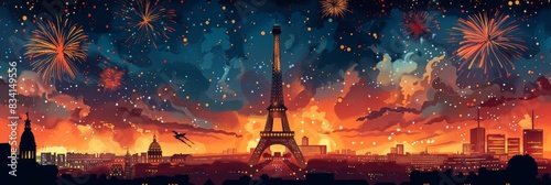 Horizontal banner. Bastille Day, celebration of the French National Day. Fireworks over Paris against the backdrop of the Eiffel Tower and a panorama of the city. Holiday illustration