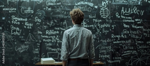 Man contemplating a blackboard filled with notes