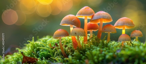 Mushrooms growing in a mossy forest clearing