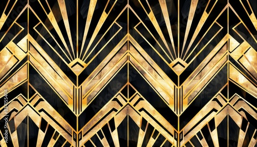 Elegant Art Deco Pattern With Gold Geometric Shapes On Black Background, Luxurious Design