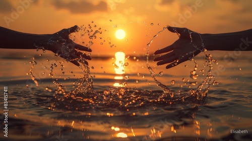 Two hands splashing through water at sunset, capturing a carefree and joyful moment on the beach. Summer beach concept. 