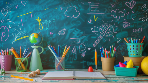 Wooden table with books, school stationary, colorful pencils and pens, notebooks. Black chalkboard with doodle colorful images on background, copy space, back to school concept.