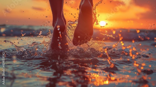 Two feet splashing through water at sunset, capturing a carefree and joyful moment on the beach. Summer beach concept. 