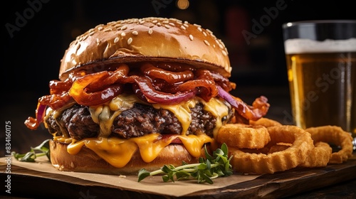 A gourmet cheeseburger loaded with crispy onion rings, barbecue sauce, and melted cheddar cheese 