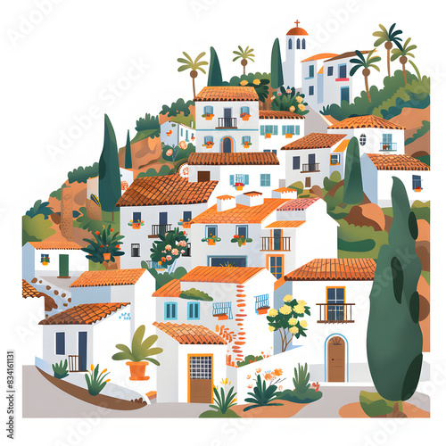 Picturesque village of mijas. costa del sol, andalusia, spain isolated on white background, flat design, png 