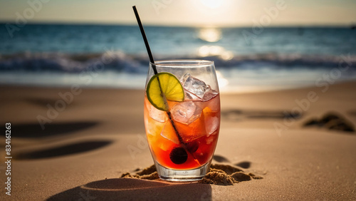 Refreshing cold cocktail on the beach background, close-up