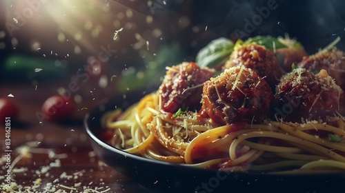 Spaghetti And Meatballs Close Up With Parmesan Being Sprinkled On It (Generative AI)