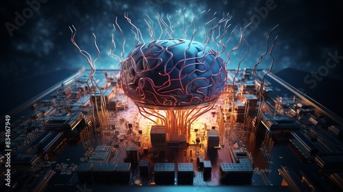 A human brain merging with a digital interface in a high-tech environment - 