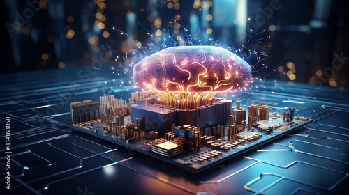 A human brain merging with a digital interface in a high-tech environment - 