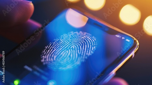 Close-up of a smartphone screen with a fingerprint scan for biometric security verification