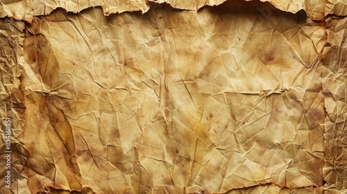 Close-up of aged parchment paper with frayed edges and a warm sepia tone, ideal for a vintage document background