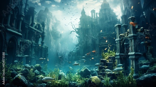 A hyperrealistic view of a city submerged underwater with marine life swimming around 