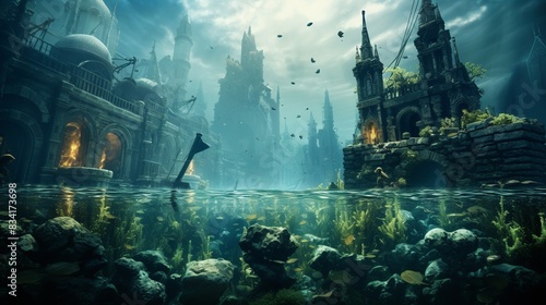 A hyperrealistic view of a city submerged underwater with marine life swimming around 