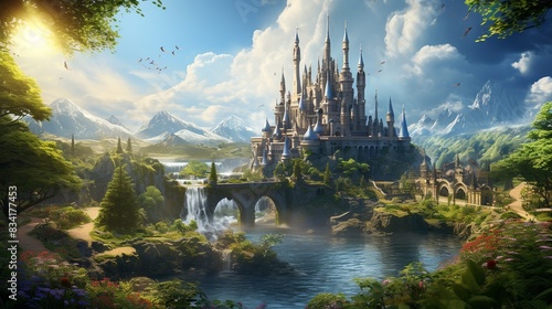 A majestic castle on a hill, surrounded by lush forests and a serene lake 