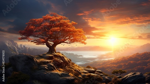 A majestic tree with golden leaves symbolizing success, standing alone on a hilltop under 