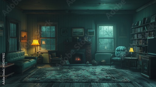 At night,Cabin interior,The cabin is a square space, and there's nothing in the room,dark mode