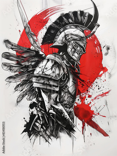 Trash polka tattoo style poster design of a Polish Winged Hussar in Full Armor with a Vibrant Red Background.