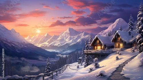 A mesmerizing sunset at a snowy mountain resort, with the sun setting behind snow-covered peaks 