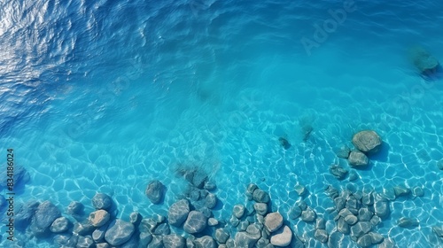 Aerial view of clear blue ocean water with rocks beneath the surface