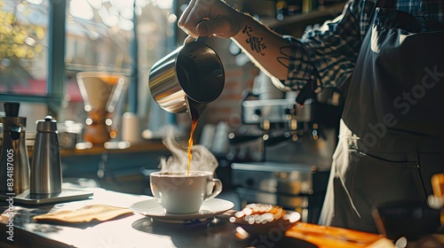 A barista pouring freshly brewed coffee into a cup at a cozy cafe, with morning sunlight filtering in.