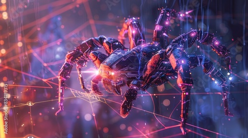 A futuristic robot spider crafting a web with laser precision in a neon-lit setting.