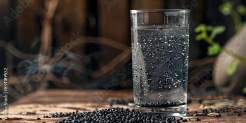 A glass filled with water and seeds on a table, great for use as a prop or still life photography