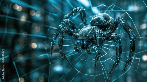 A hybrid robotic spider spinning a metallic web against a high-tech background.