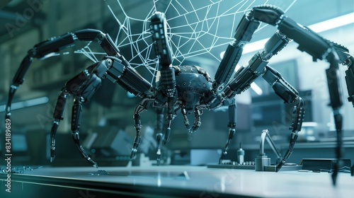 A hybrid robotic spider weaving a complex web in an advanced technology lab.