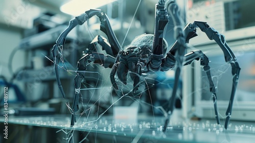A hybrid robotic spider weaving a complex web in an advanced technology lab.