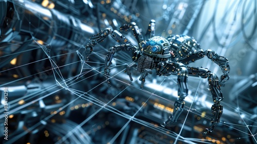 A robotic spider building a web of metallic wires in a futuristic, industrial setting.