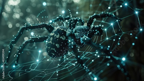 A robotic spider suspended in air, spinning a detailed web of glowing fibers.
