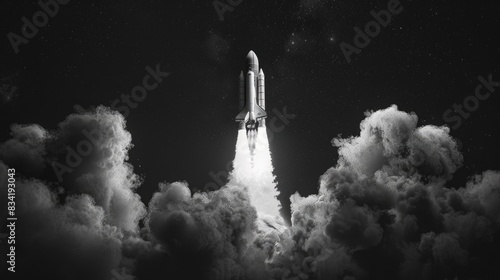 A black and white image of a space shuttle blasting off into the sky
