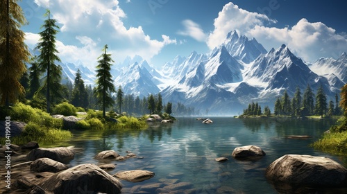 A peaceful alpine lake with snow-capped mountains in the background 