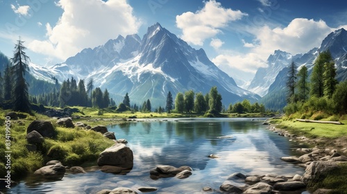 A peaceful alpine lake with snow-capped mountains in the background 