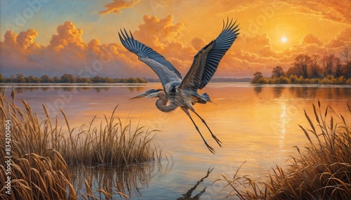 A great heron flies low over a body of water at sunset 