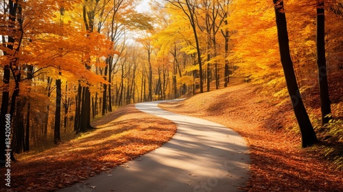 A picturesque autumn scene with trees in vibrant fall colors and a winding path -- 
