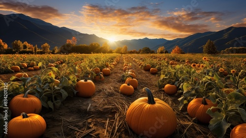 A picturesque pumpkin patch in the fall, ready for harvest with orange pumpkins spread out across 