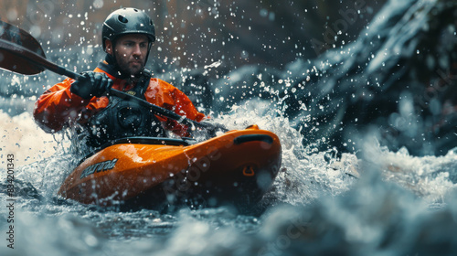 A kayaker in an orange kayak braving turbulent waters, showcasing the thrill and adventure of whitewater kayaking.