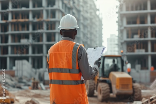 A construction worker wearing an orange vest studies a blueprint on-site