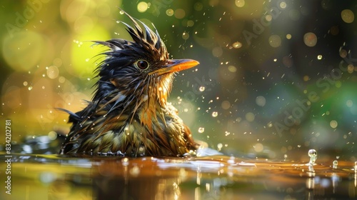 Beautiful bird wet from swimming