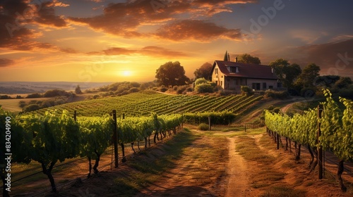 A picturesque sunset over a vineyard, with rows of grapevines glowing in the warm light, 