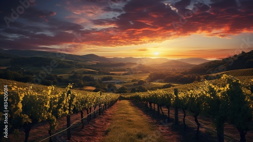 A picturesque sunset over a vineyard, with rows of grapevines glowing in the warm light, 