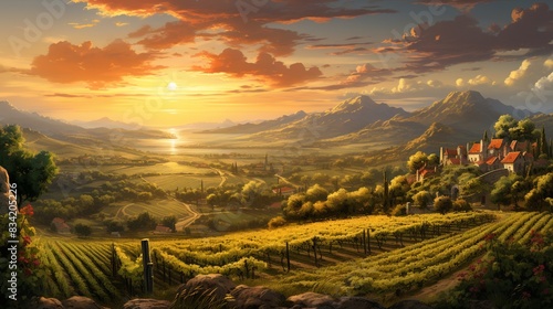 A picturesque vineyard with rolling hills and grapevines under a golden sunset - 