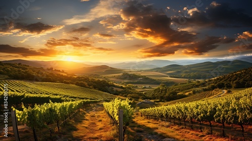 A picturesque vineyard with rolling hills and grapevines under a golden sunset - 